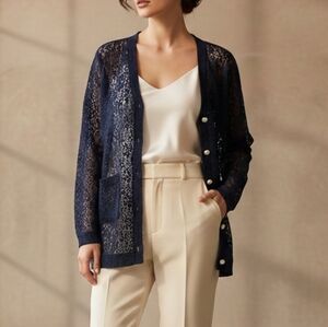Vita Grace | Oversized Pearl Lace Cardigan In Navy One Size